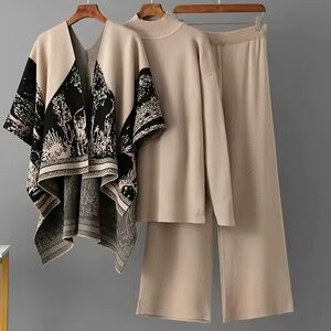 3-Piece Classic Knit Set with Patterned Poncho Wrap